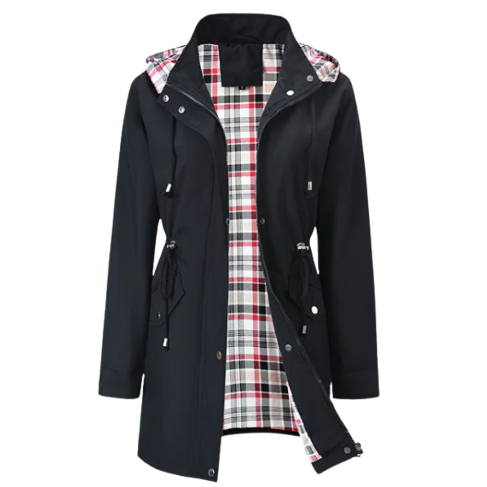 Casaco trench-coat preto da Musuos, impermeável e elegante, ideal para roupas de uso externo em dias chuvosos.