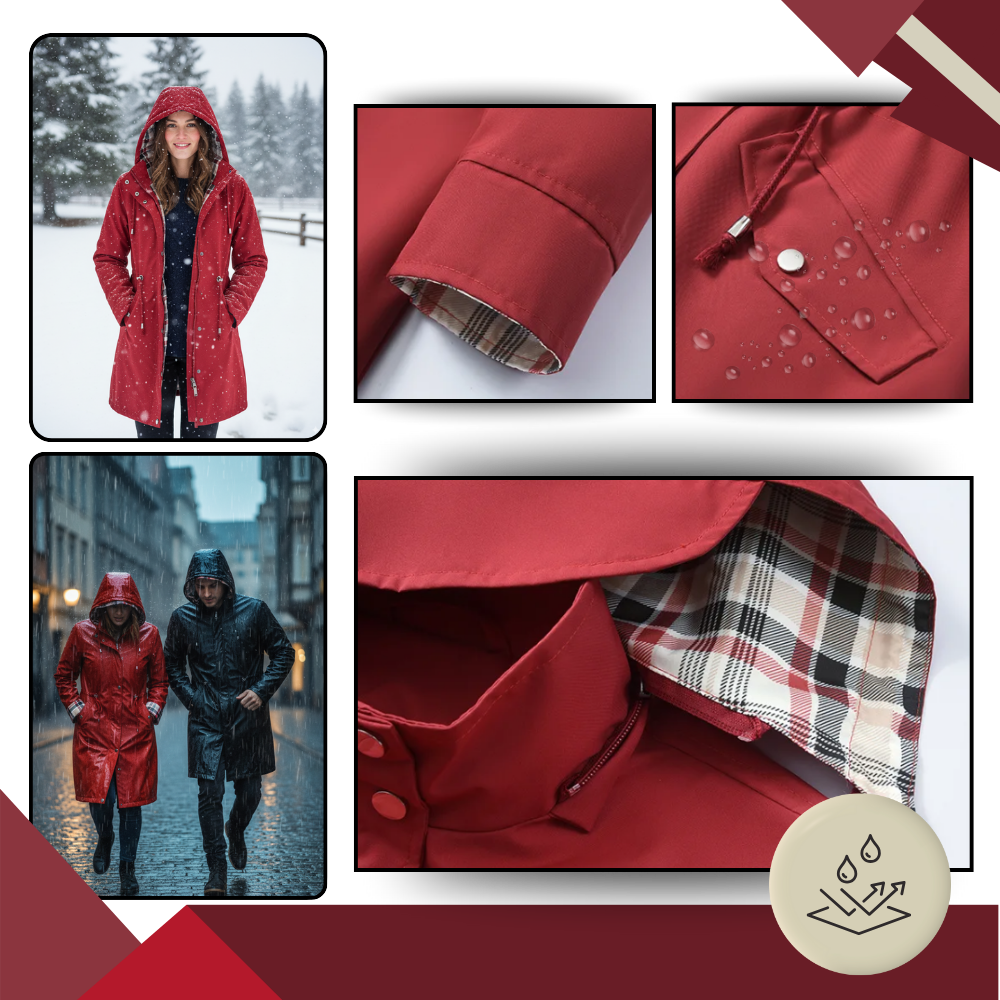 Casaco trench-coat chic e impermeável da Musuos, feito para clima chuvoso, com acabamento elegante e estilo moderno.