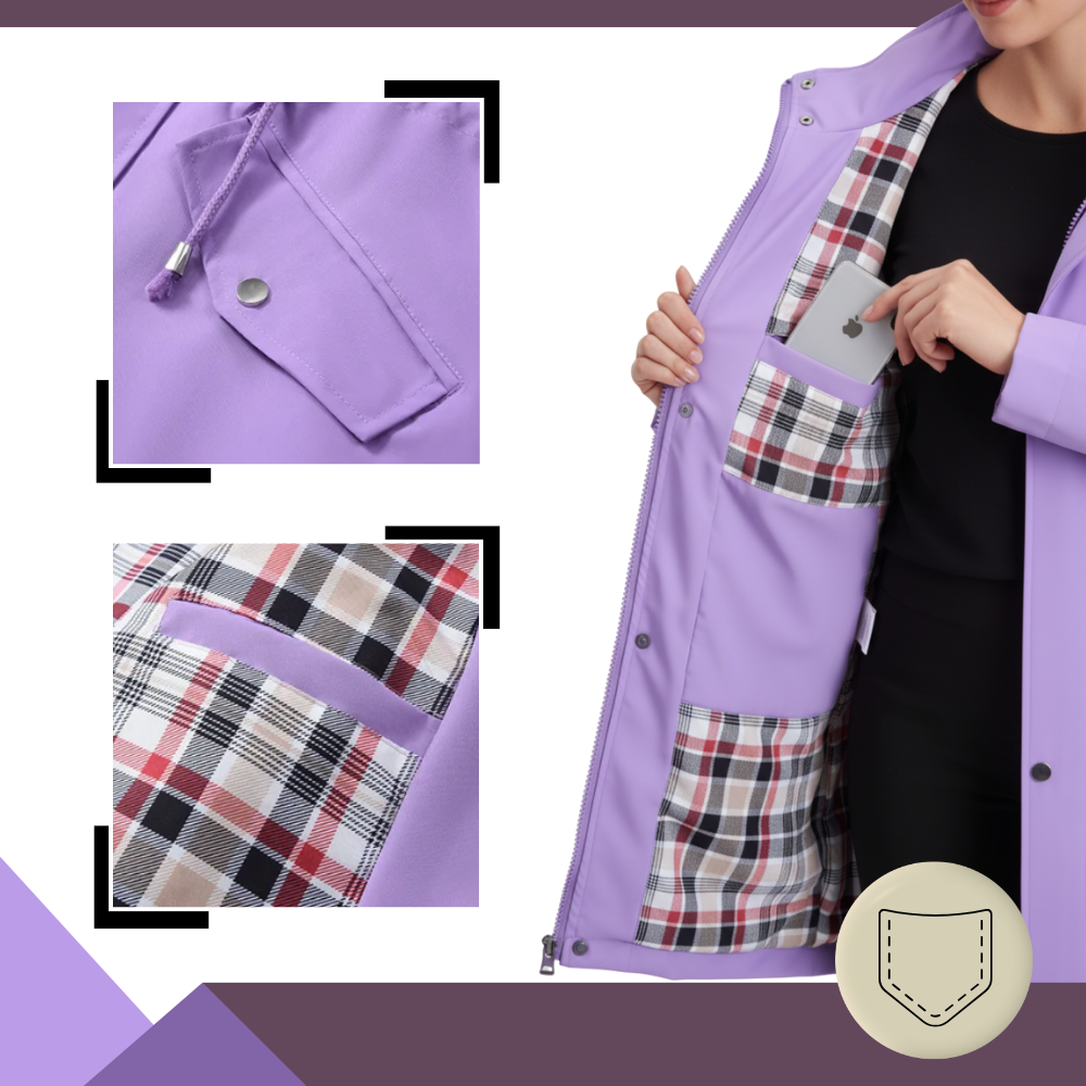 Casaco trench-coat chic e impermeável da Musuos, com bolsos visíveis, ideal para roupas de exterior elegantes e resistentes à chuva.