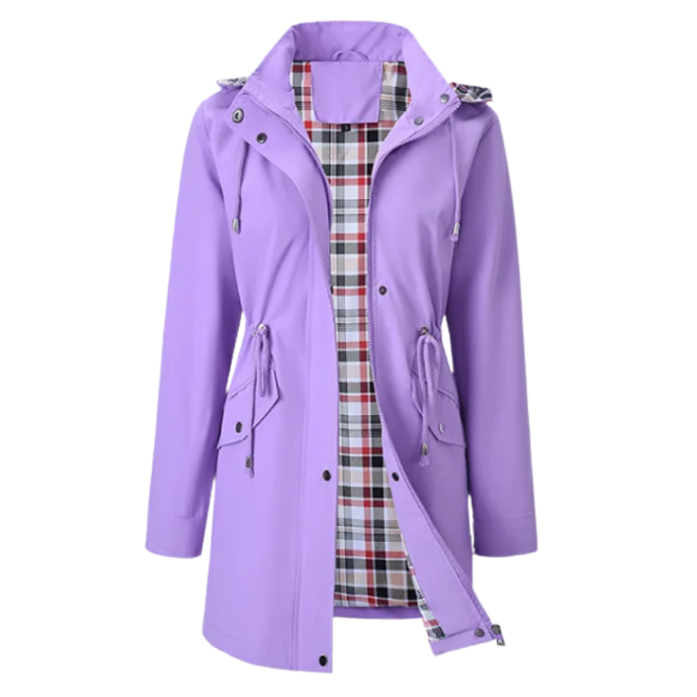 Casaco trench-coat impermeável e elegante da Musuos em tom roxo, ideal para roupas de exterior à prova d'água.