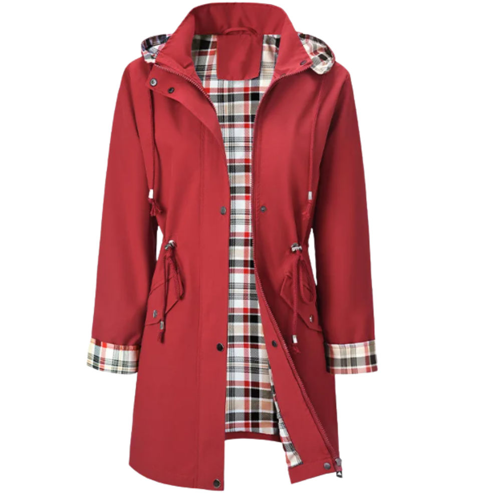 Casaco trench-coat vermelho impermeável da Musuos, veste elegante e resistente à água, ideal para clima chuvoso ao ar livre.