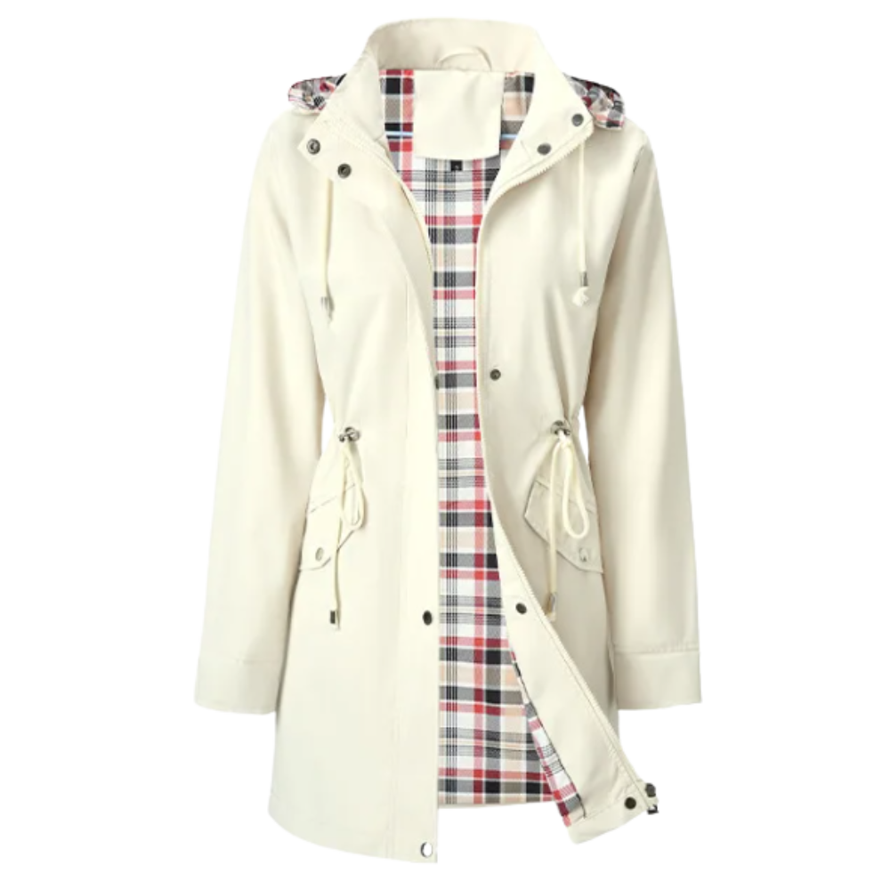 Casaco trench-coat branco da Musuos, elegante e impermeável, ideal para roupas de uso ao ar livre em dias de chuva.