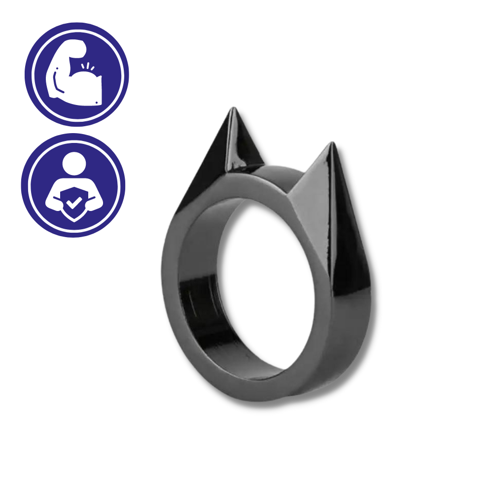 Anel de autodefesa Dp-iot com detalhes de orelhas de gato, em metal prateado, mostrando o design da peça.