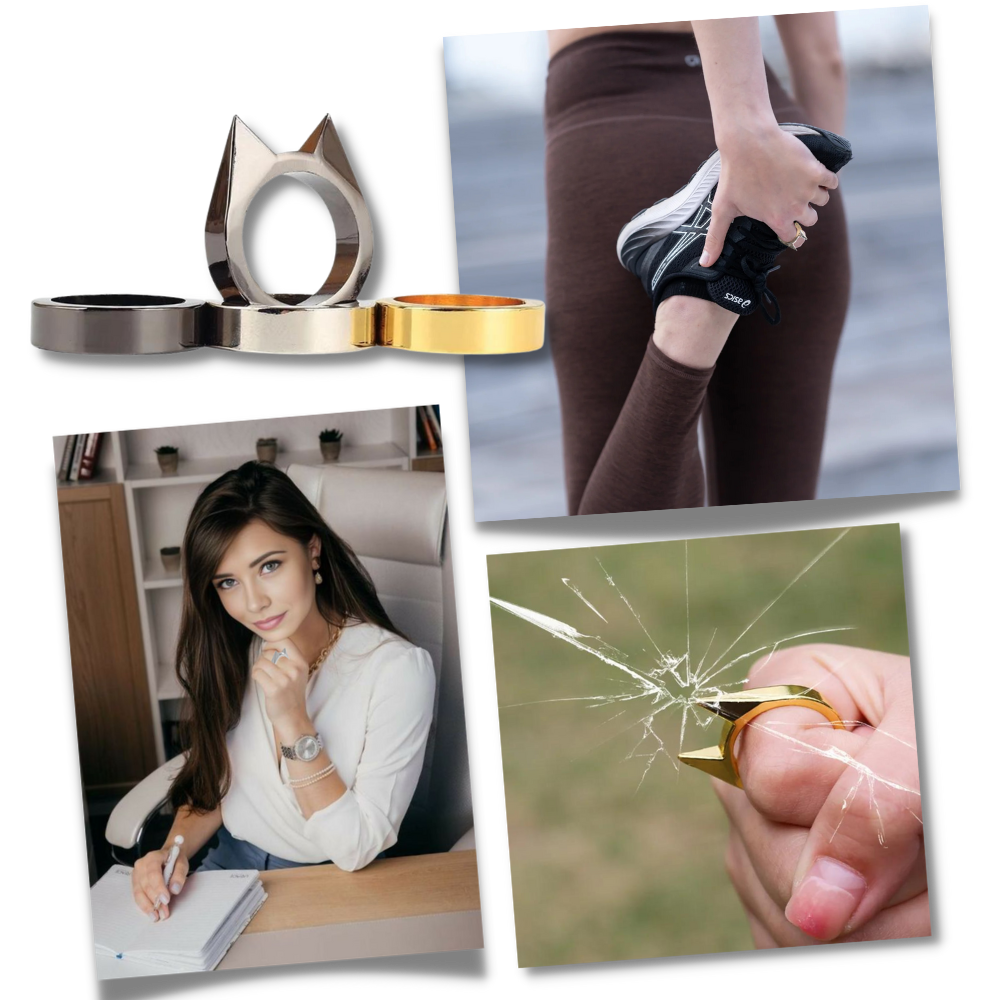 Anel de autodefesa com detalhes de orelhas de gato, marca Dp-iot, feito de metal resistente, com design ergonômico para proteção pessoal.