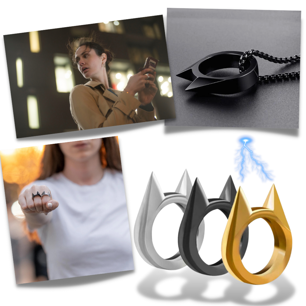 Anel de autodefesa com orelhas de gato da marca Dp-iot, feito de metal com design de orelhas de gato, em fundo branco.