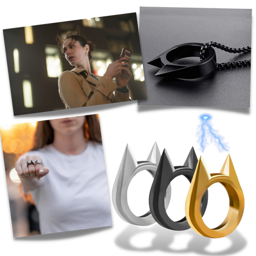 Anel de autodefesa com orelhas de gato da marca Dp-iot, feito de metal com design de orelhas de gato, em fundo branco.