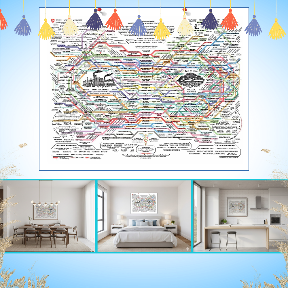 Pôster de arte "Web de la guérison" da China, obra de arte com design detalhado em cores suaves e elementos simbólicos.
