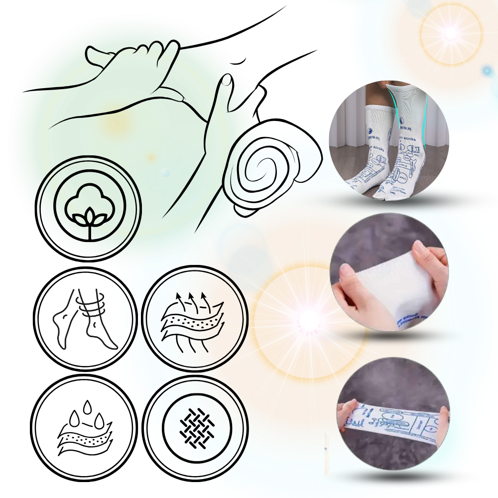 Meias de reflexologia Calafebila para melhorar a circulação sanguínea, com detalhes confortáveis e design que promove o bem-estar.