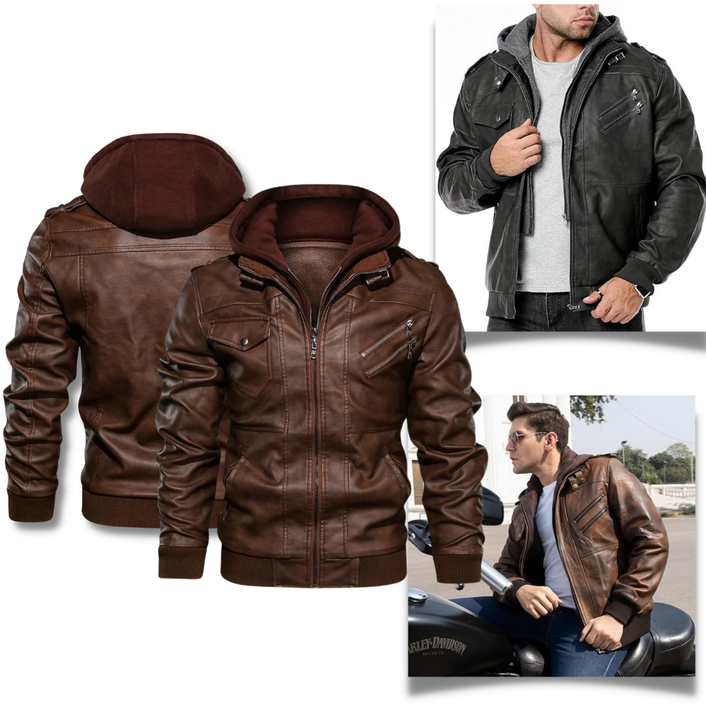Jaqueta de couro marrom de motoqueiro da Fedtosing, veste de roupas ao ar livre, com detalhes clássicos e estilo robusto.