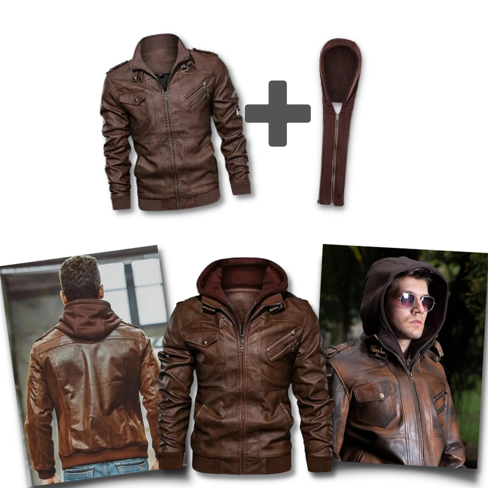 Jaqueta de motociclista marrom em couro da Fedtosing, com capuz prático e estilo clássico para roupas de exterior.