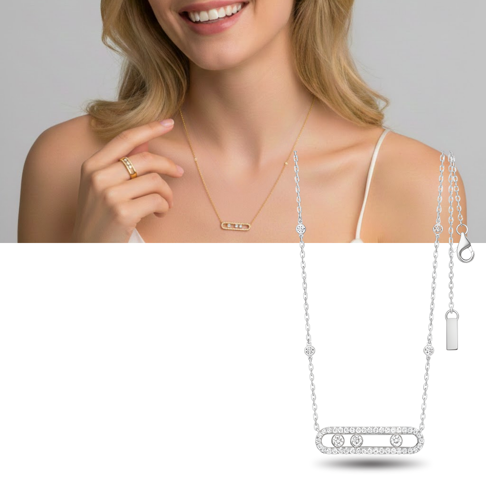 Colar clássico Bloomingdale's com três pedras móveis, design elegante e atemporal, em acabamento prateado.
