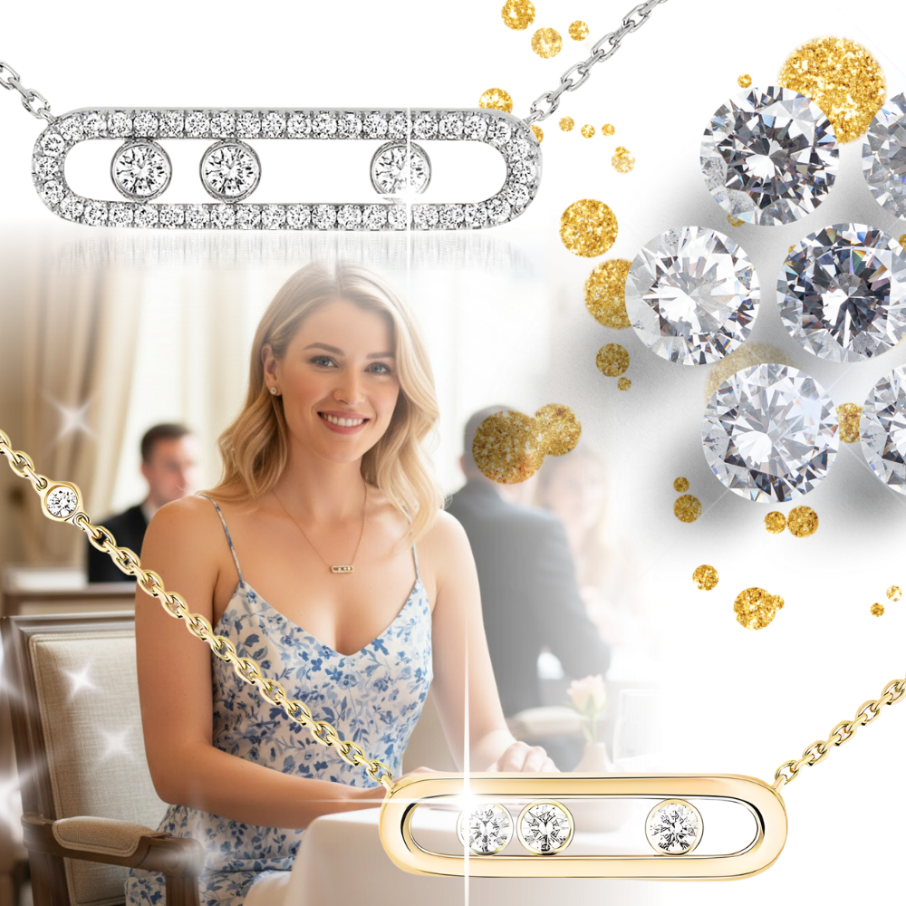 Colar Bloomingdale's com três pedras móveis, design clássico e elegante, em ouro dourado com detalhes refinados.