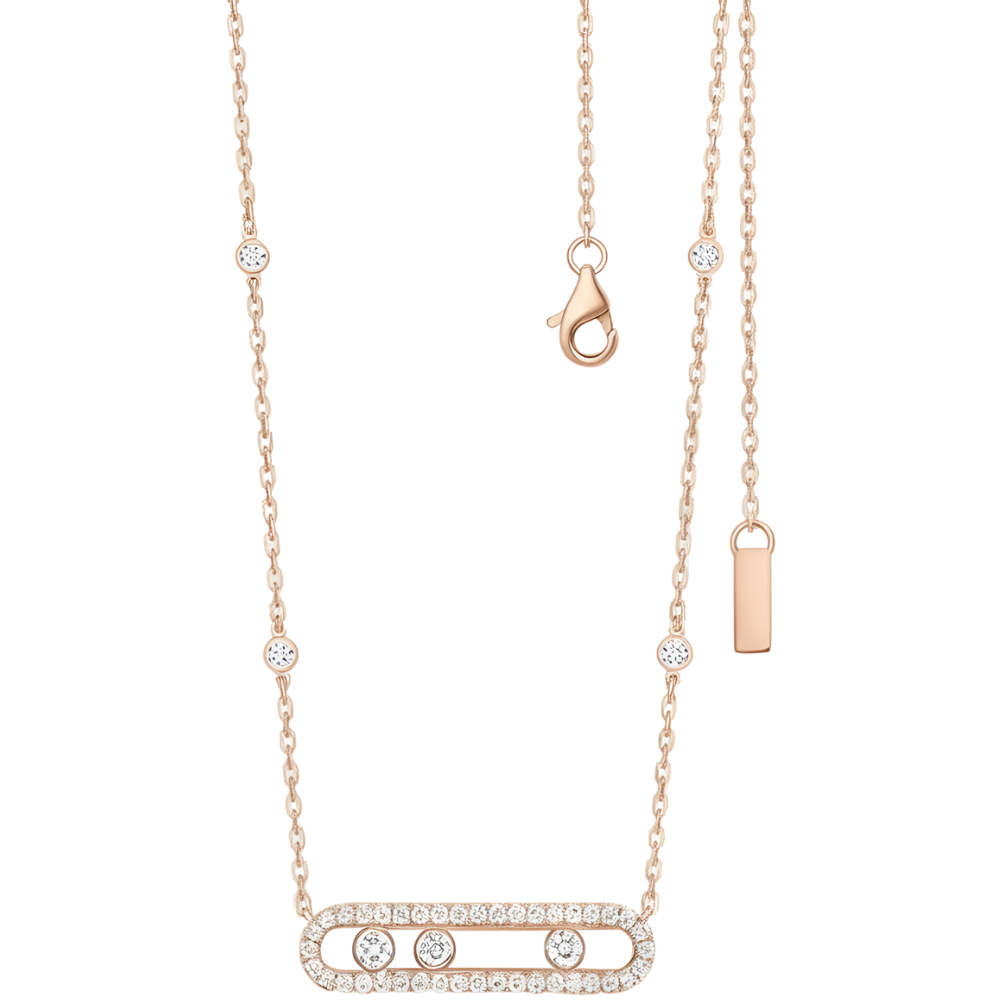 Colar clássico com três pedras móveis em ouro rosé e pave, acessório elegante da marca Bloomingdale's.