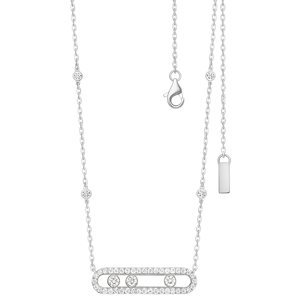 Colar intemporel com três pedras móveis em ouro branco, estilo clássico, de colares da Bloomingdale's.