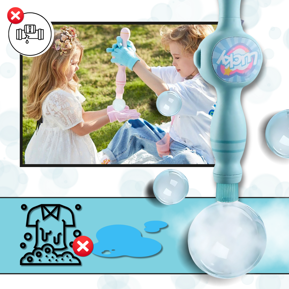 Varinha de bolhas para brincadeiras sem sujeira, brinquedo de atividade da marca Rucky, com efeito de nuvem de bolhas.