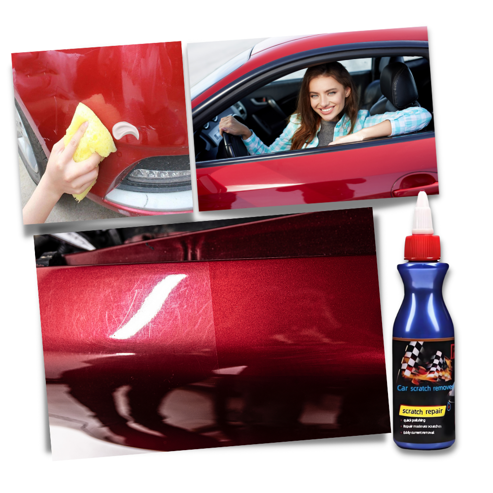 Cera de reparo de riscos para carro CN, produto de manutenção e decoração de veículos, mostrando embalagem e aplicação.