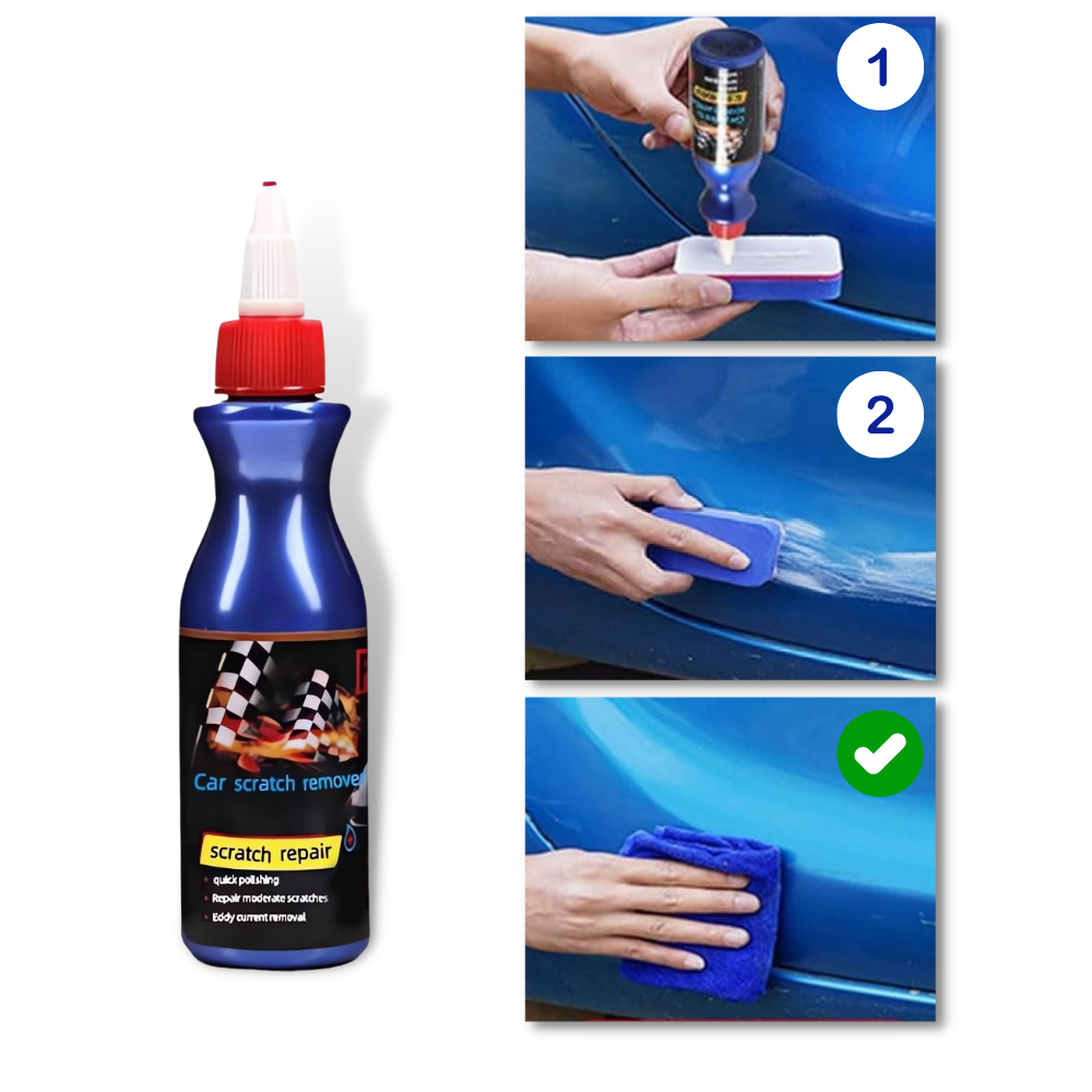 Cera de reparo de riscos para carros CN, manutenção e decoração de veículos, aplicação visível na imagem.