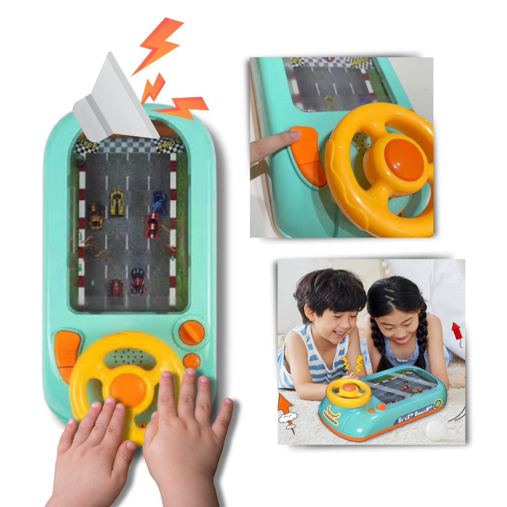 Brinquedo educativo de simulação de condução da marca Cn, com volante, pedais e painel de controle para crianças.