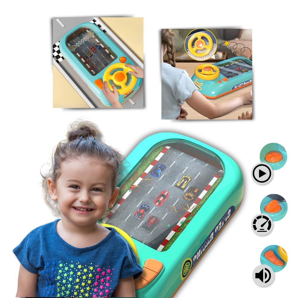 Jouet educativo de simulação de condução da marca Cn, com detalhes coloridos e design divertido para crianças.