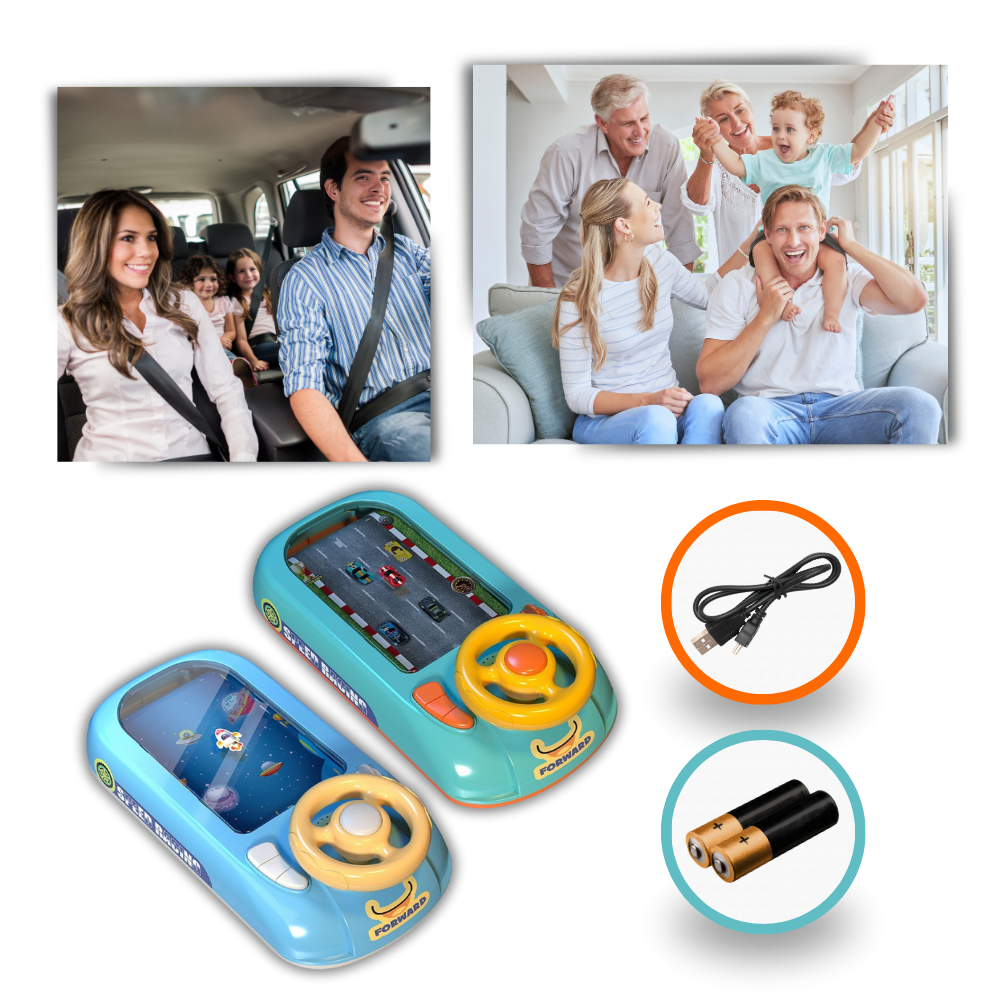 Brinquedo educativo de simulação de condução da marca Cn, com volante e painéis para aprendizado divertido e interativo.