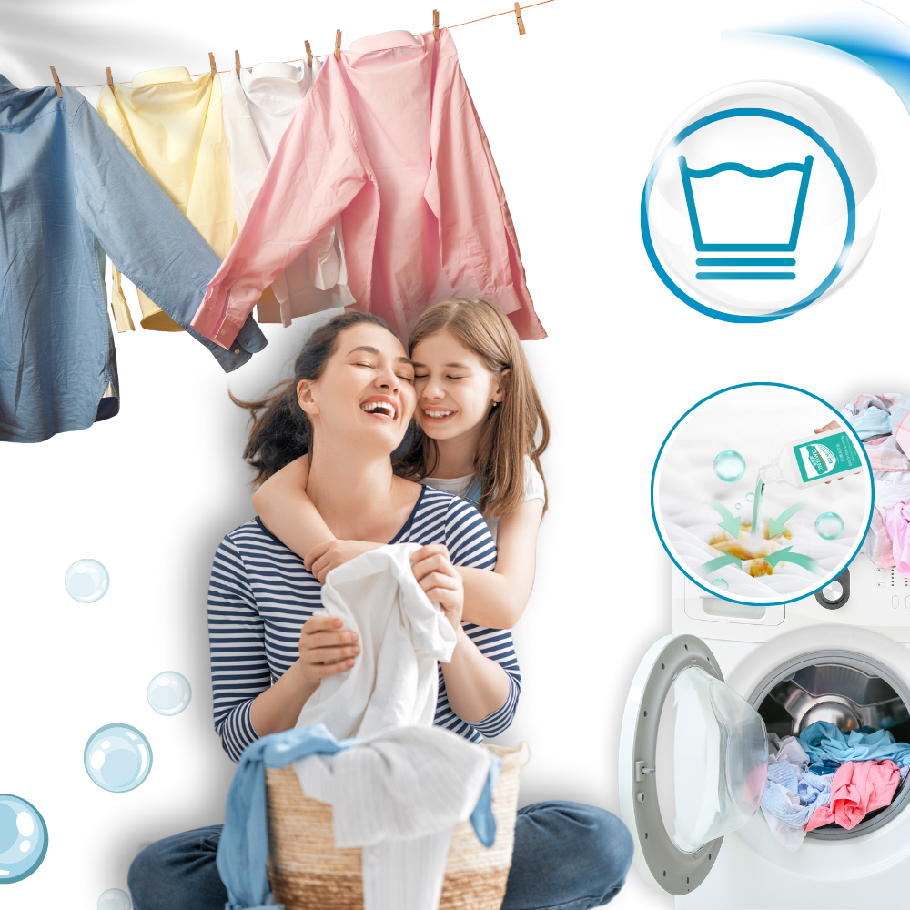 Solução de limpeza com água sanitária da Cleaning Products para proteção de cores em produtos de lavanderia.