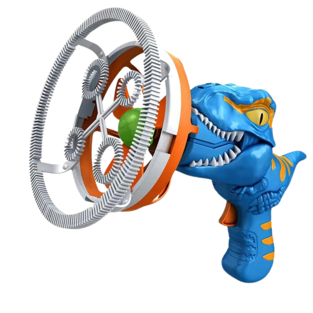 Máquina de bolhas coloridas em forma de dinossauro da marca Hachum, brinquedo de atividade para crianças com efeito de bolhas.