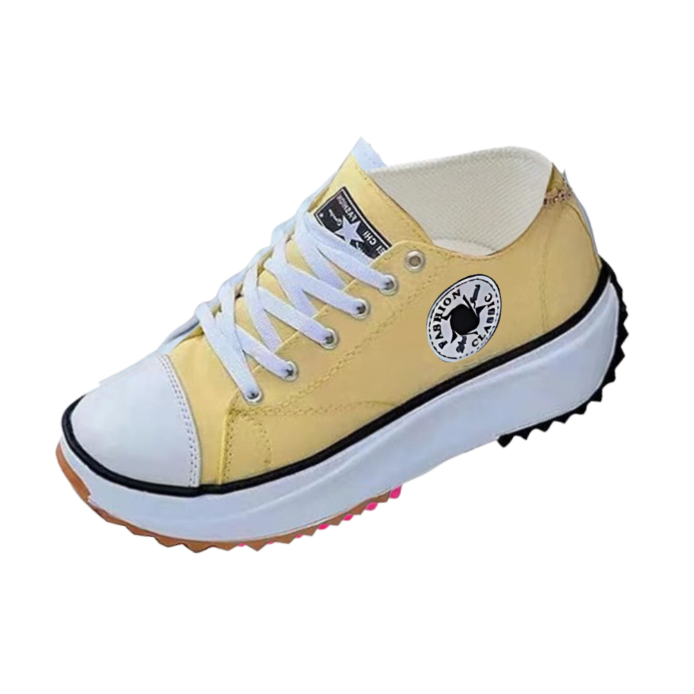 Tênis antiderrapante de lona amarelo, confortável e levemente elevado, marca Jointlycreating, ideal para uso diário.