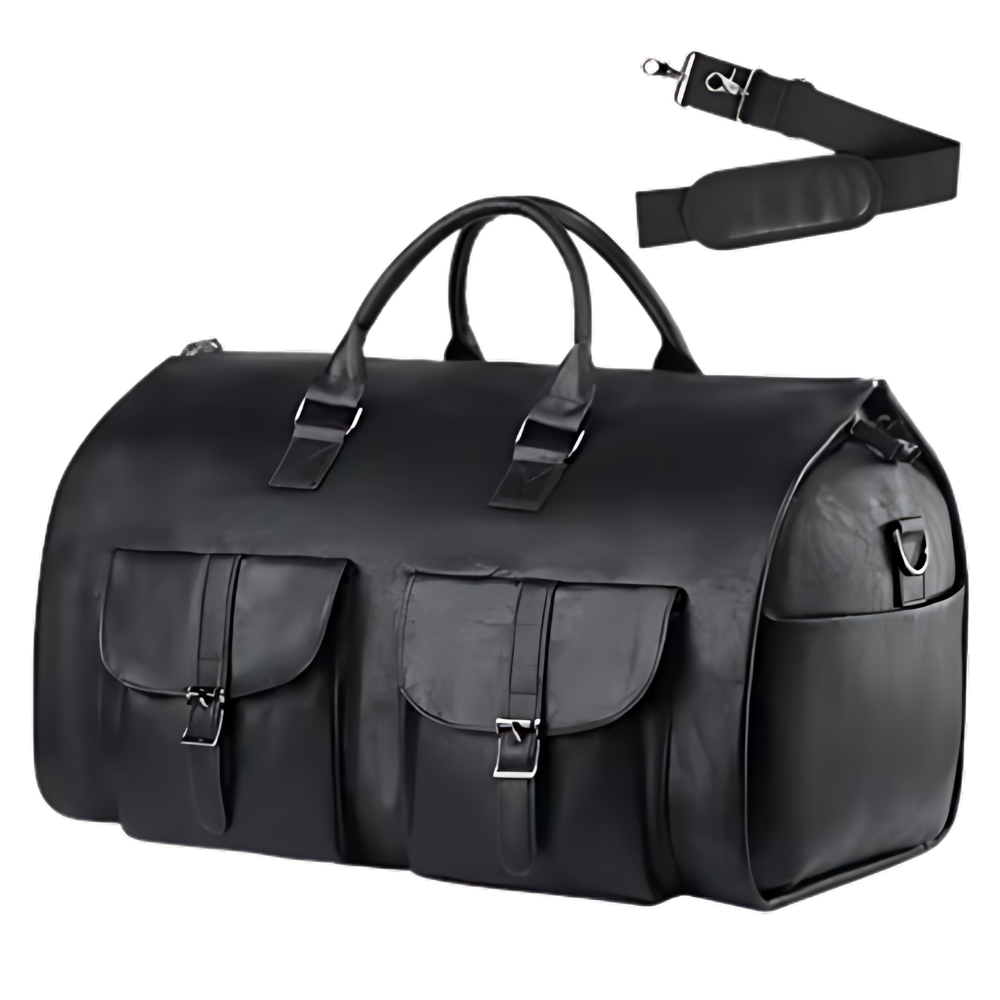 Mala de viagem conversível da Fvsa em preto, com alças ajustáveis e bolso lateral, ideal para viagens e uso diário.