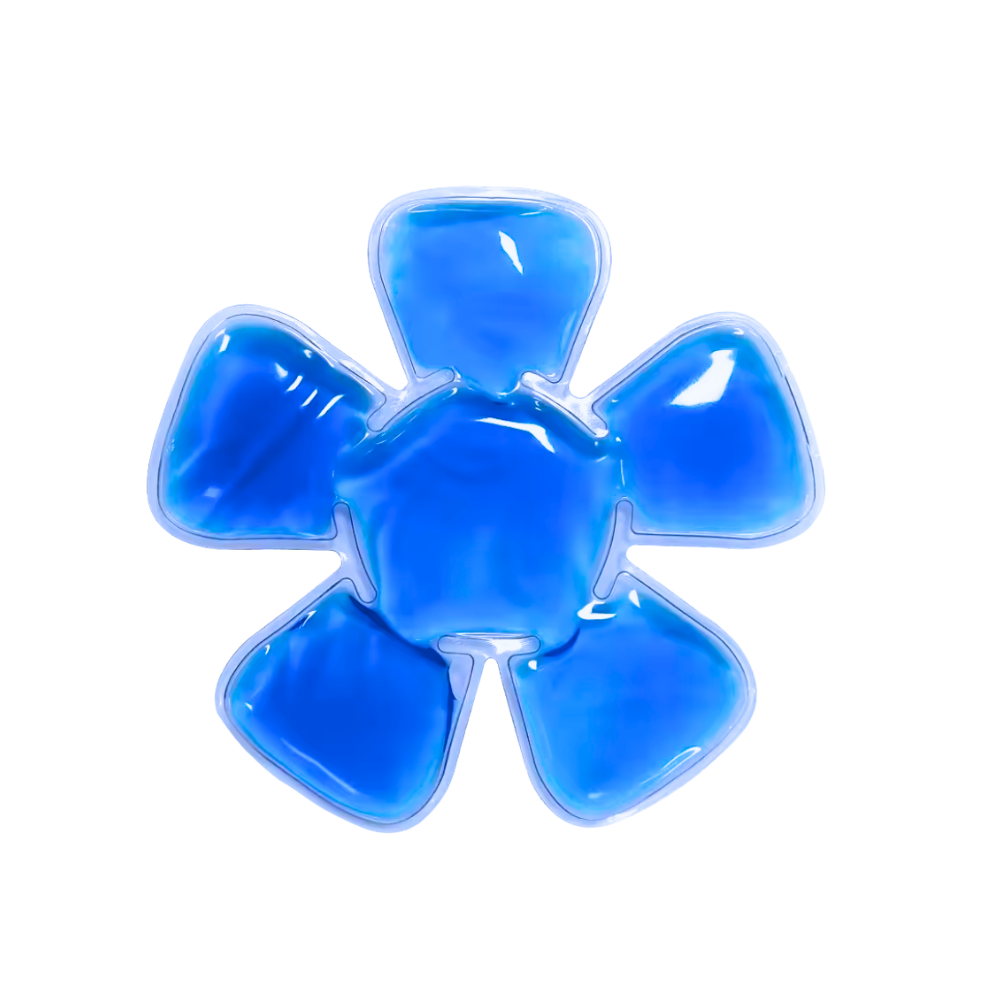 Almofada de gel refrescante para cabeça da Migaino, produto de primeiros socorros, em cor azul, usada para aliviar o desconforto.