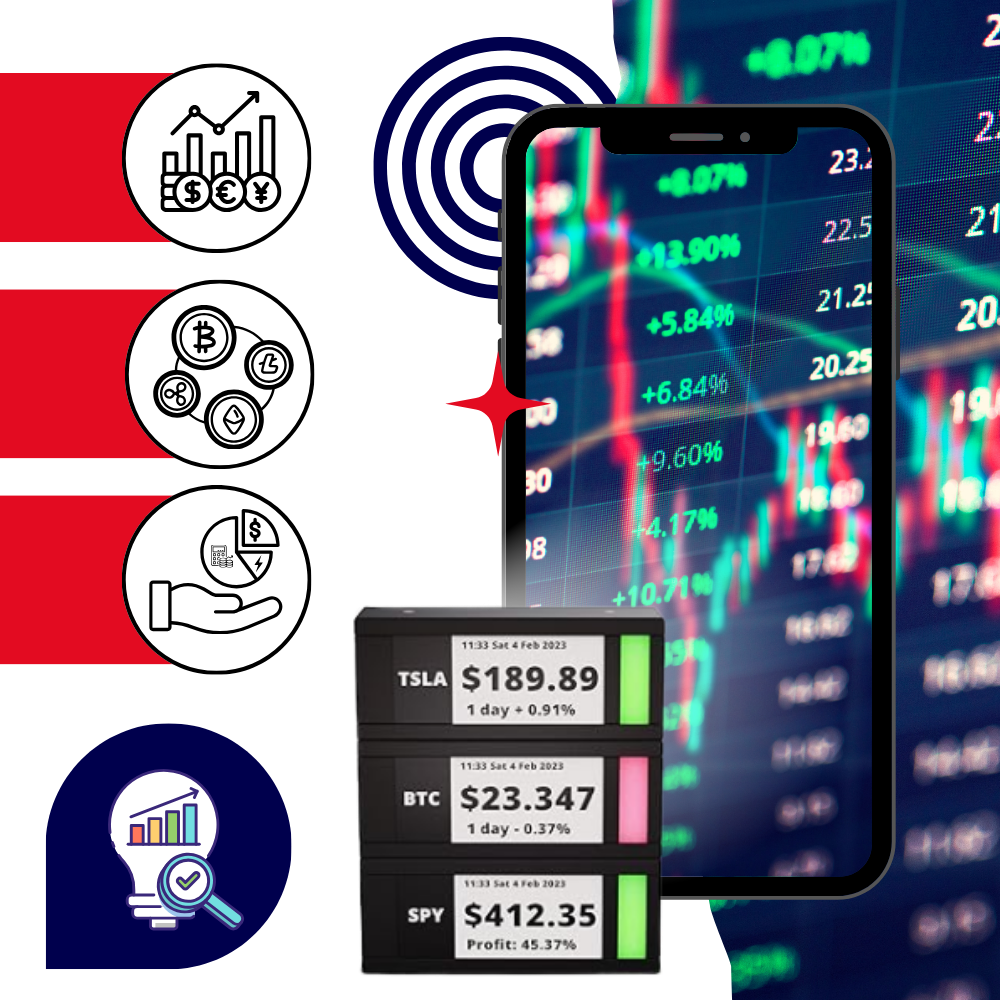 Display digital de bourse e criptomoedas em tempo real com design empilável, da marca Coopserbil.