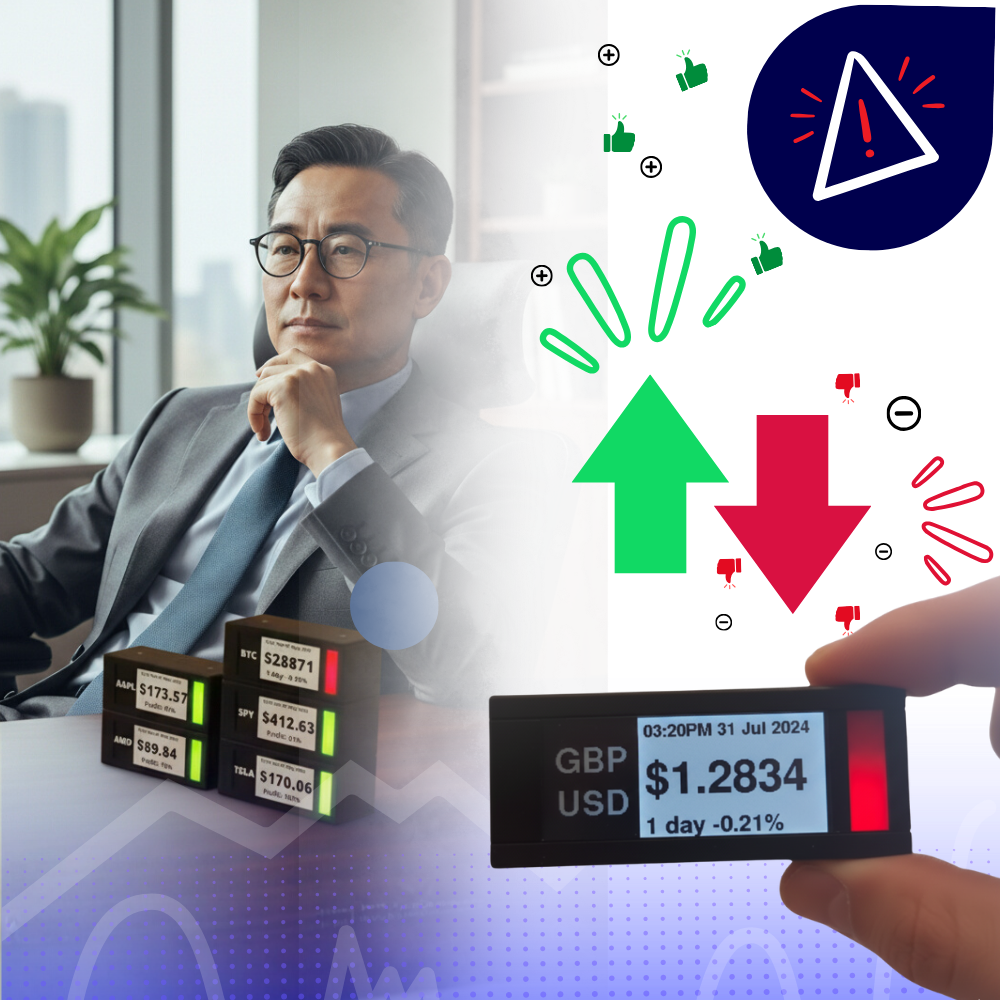 Display digital para bolsa e criptomoedas ao vivo com design empilável, marca Coopserbil, enseigne digital moderna.