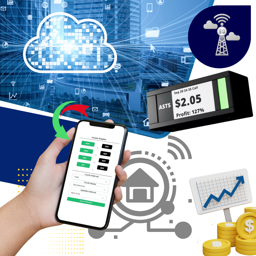 Display digital de bourse e criptomoedas, design empilável da marca Coopserbil, mostra gráficos e informações financeiras em tempo real.