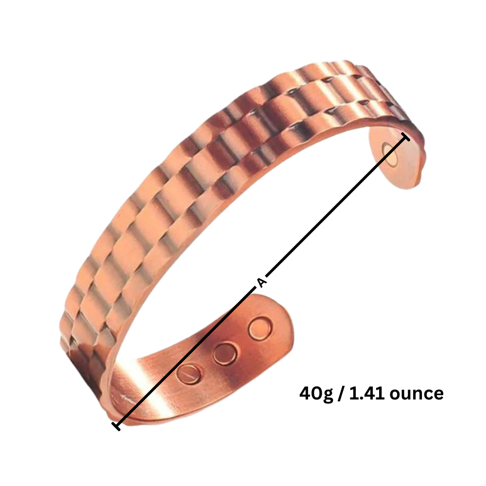 Pulseira de terapia magnética em cobre para saúde, mostrada com dimensões, marca Skpblutn, acessório de bem-estar.
