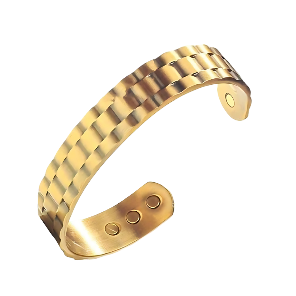 Pulseira de terapia magnética em cobre dourada, para saúde, com detalhes visíveis na imagem.