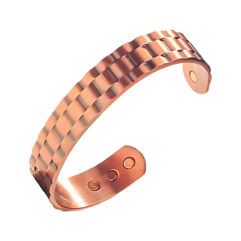 Bracelete de terapia magnética em cobre na cor ouro rosé, com detalhes elegantes e design ajustável para uso diário.
