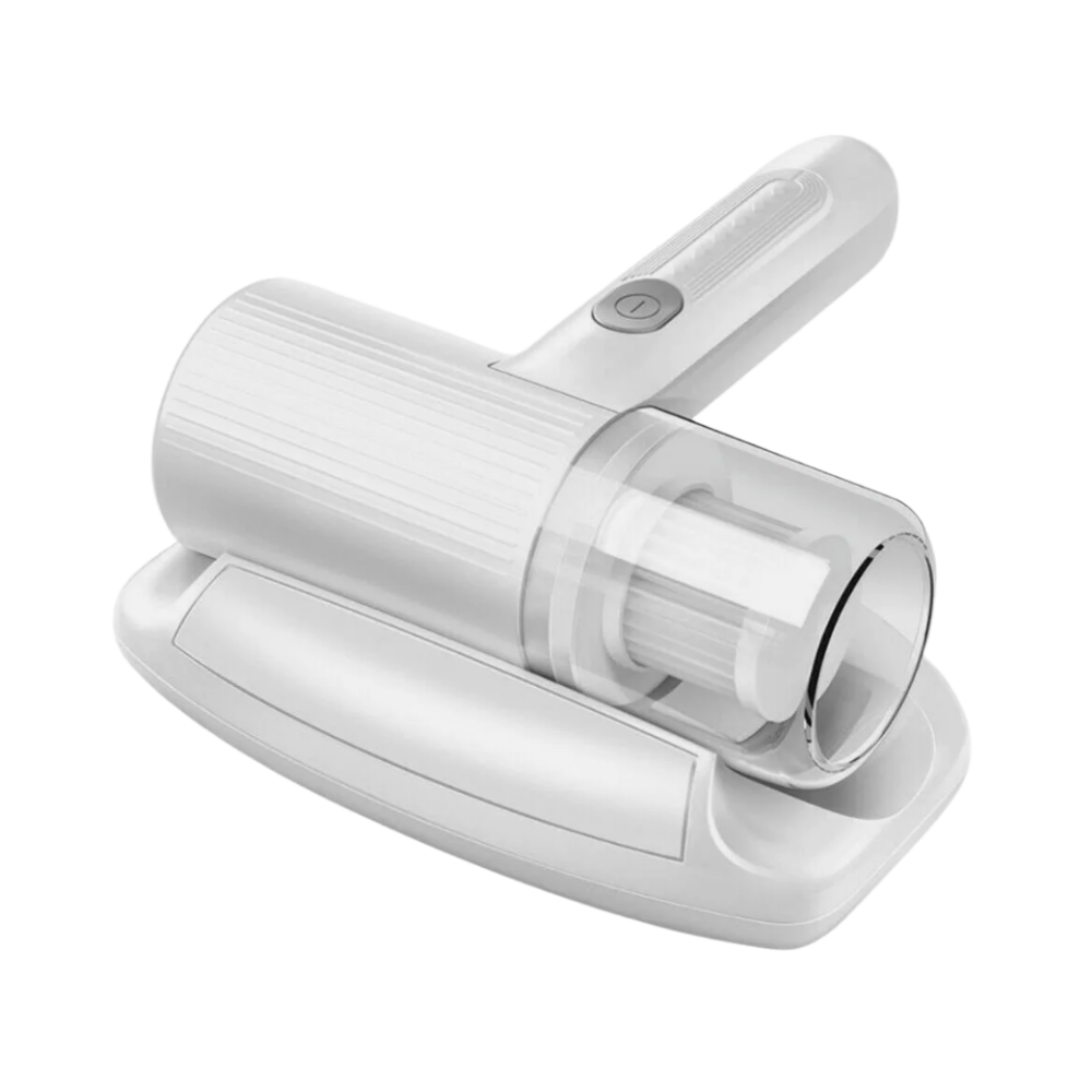 Aspirador de pó sem fio da Tomshoo para limpeza de ácaros, com design branco e portátil para uso doméstico.