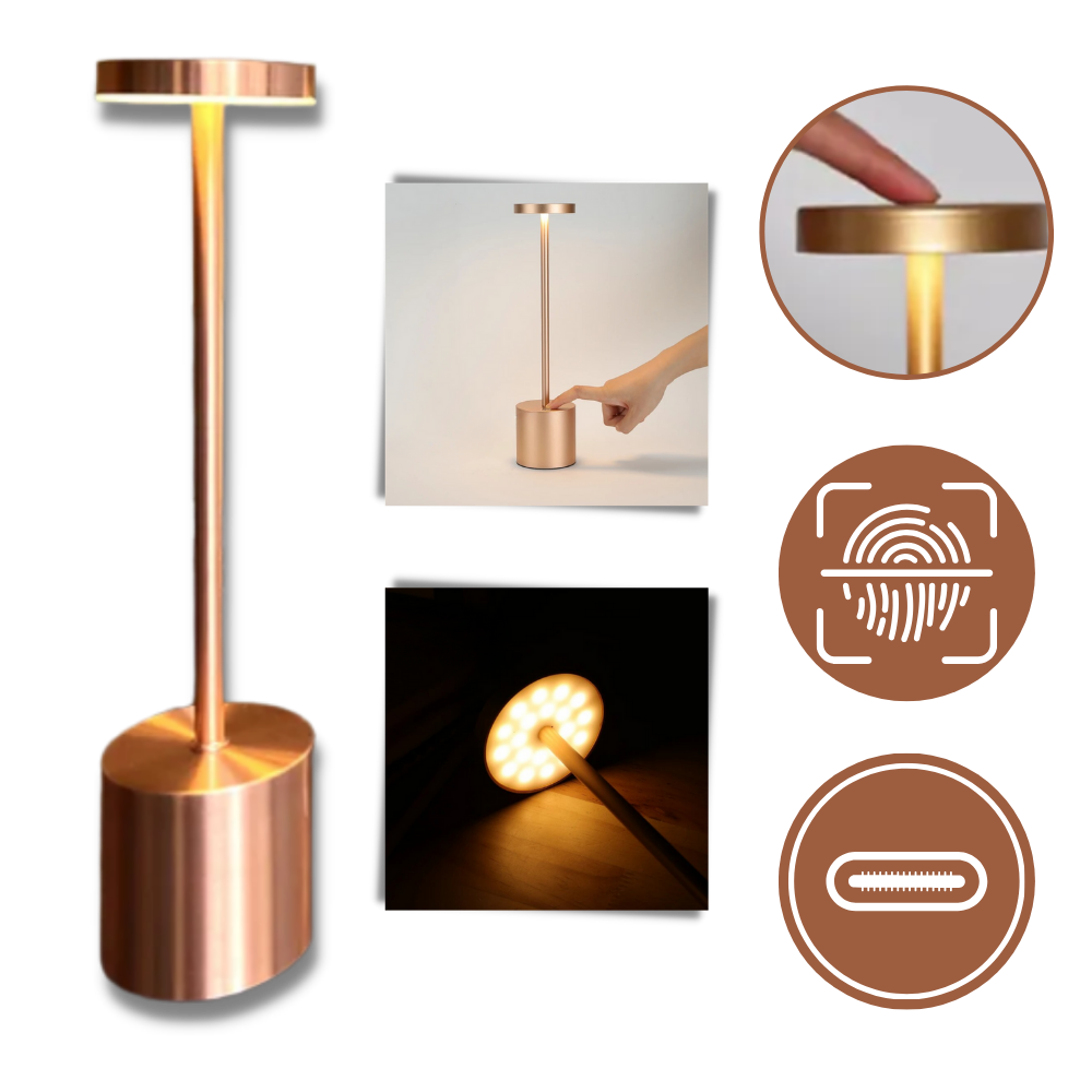 Luminária de mesa portátil e recarregável Ledander, com design moderno e interface de controle, ideal para iluminação versátil.