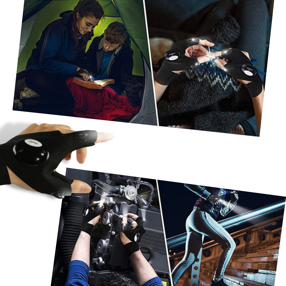 Paire de gants à LED étanches pour camping et randonnée, conçus par Countdown, avec lumières intégrées pour une meilleure visibilité.