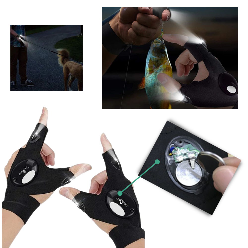 Paire de gants à LED étanches pour camping et randonnée, marque Countdown, avec lumières intégrées visibles.