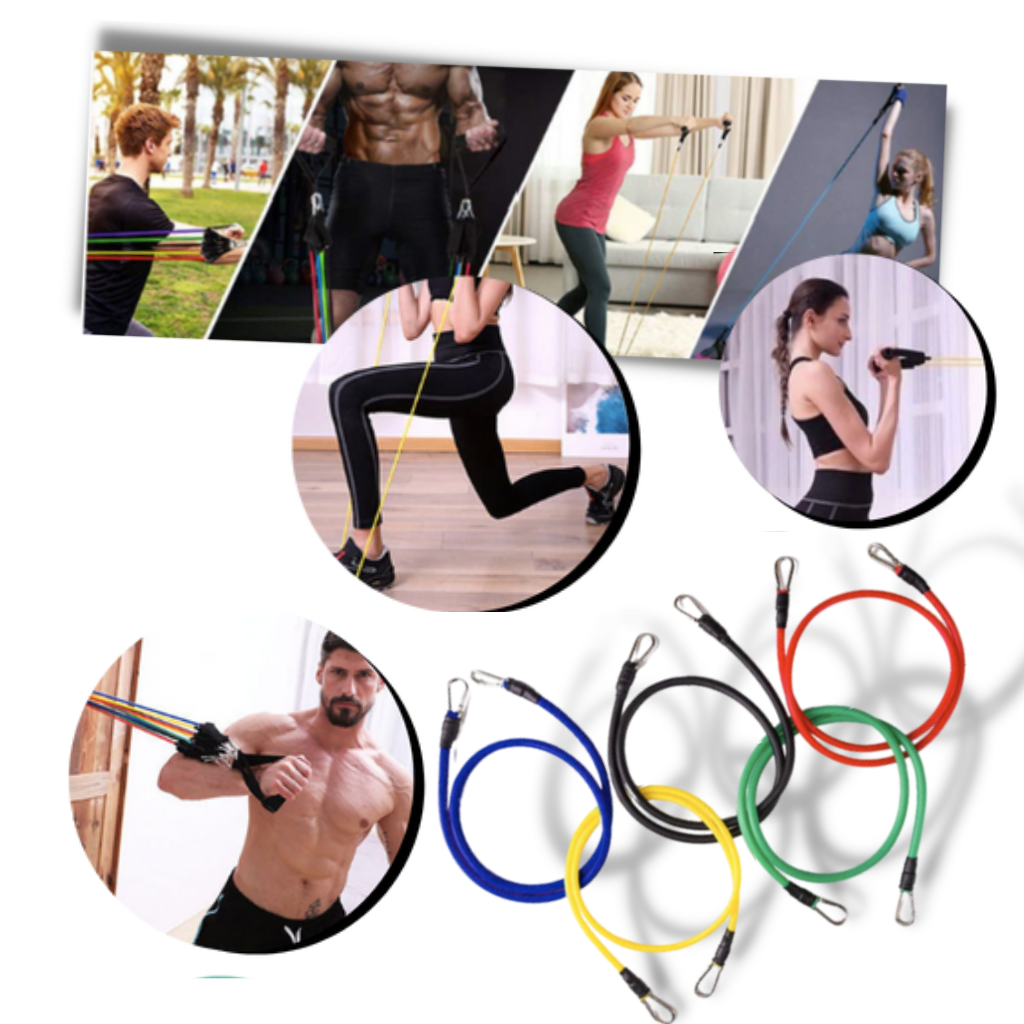 Conjunto de 11 bandas de resistência para exercícios, marca Coutlet, com diferentes níveis de elasticidade e cores variadas.
