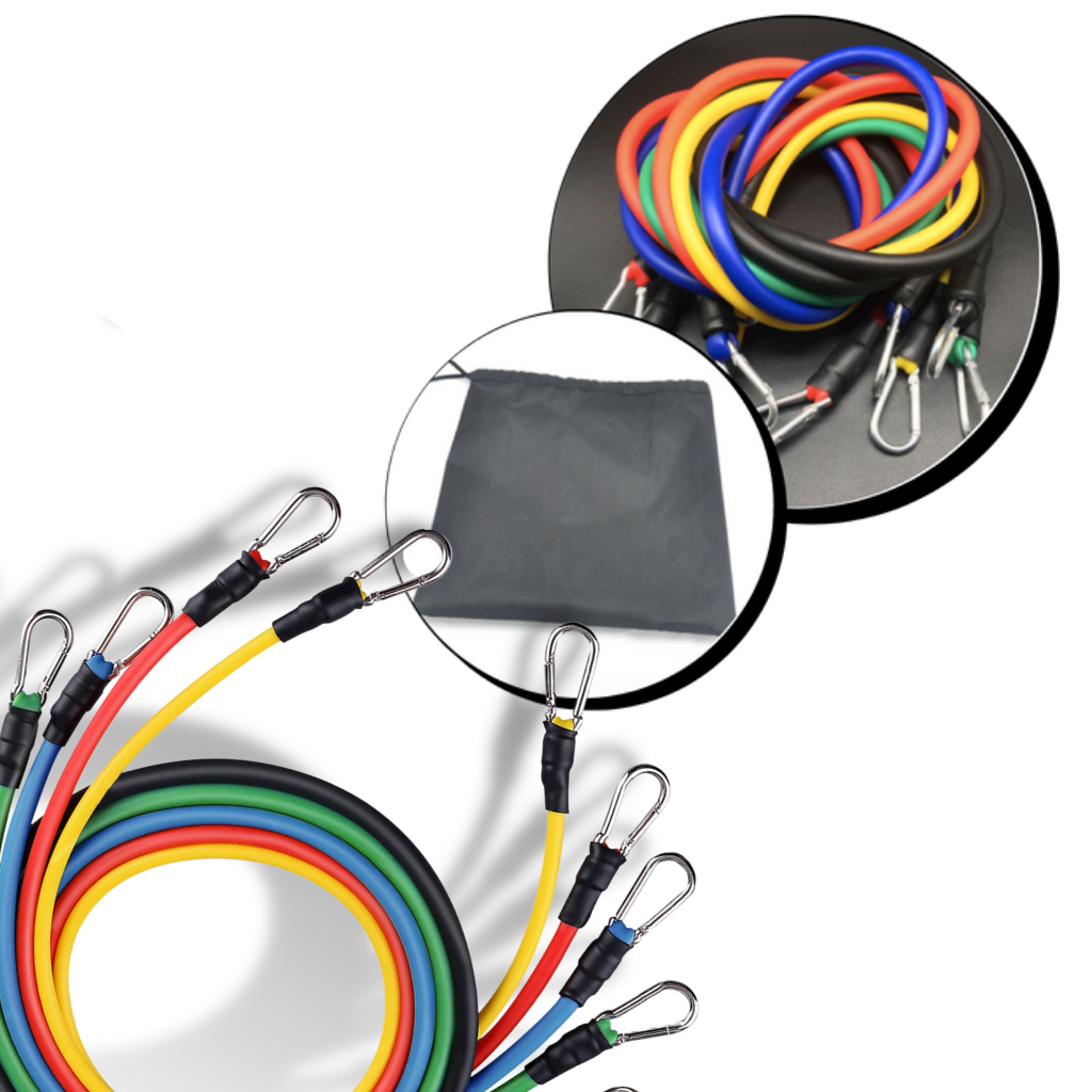 Conjunto de 11 bandas de resistência para exercícios da marca Coutlet, com diferentes níveis de elasticidade para treino completo.