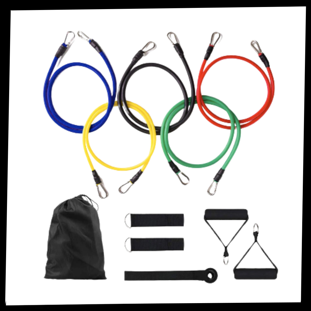Conjunto de 11 bandas de resistência para exercícios, marca Coutlet, exibe diferentes cores e tamanhos para treinos variados.