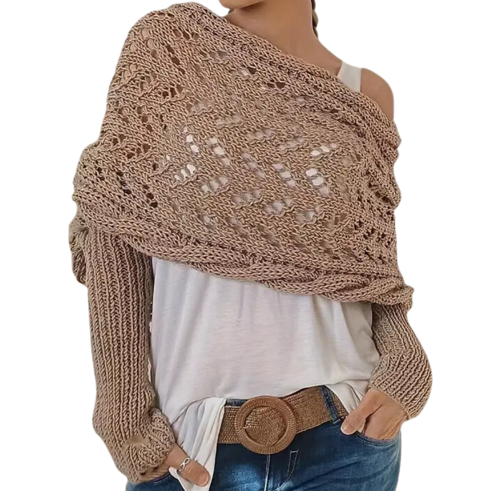 Casaco de tricô confortável da Basico com ombros descobertos, ideal para looks elegantes e aconchegantes em tom camel.