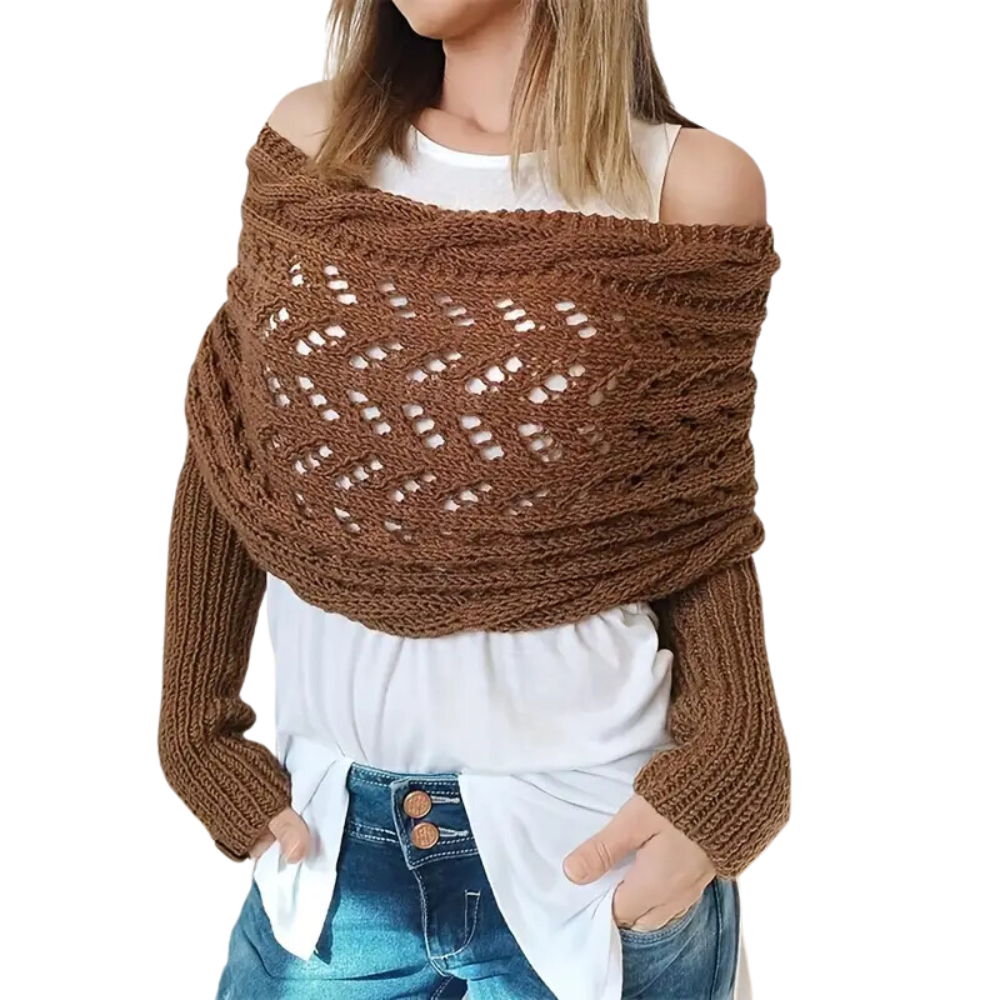 Casaco de tricô confortável da Basico, com ombros descobertos, ideal para looks aconchegantes e elegantes em tom café escuro.