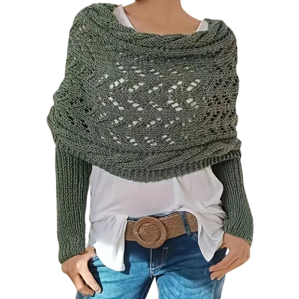 Xale ou casaco de tricô aconchegante da Basico, com ombros descobertos em tom cinza esverdeado, ideal para looks casuais.