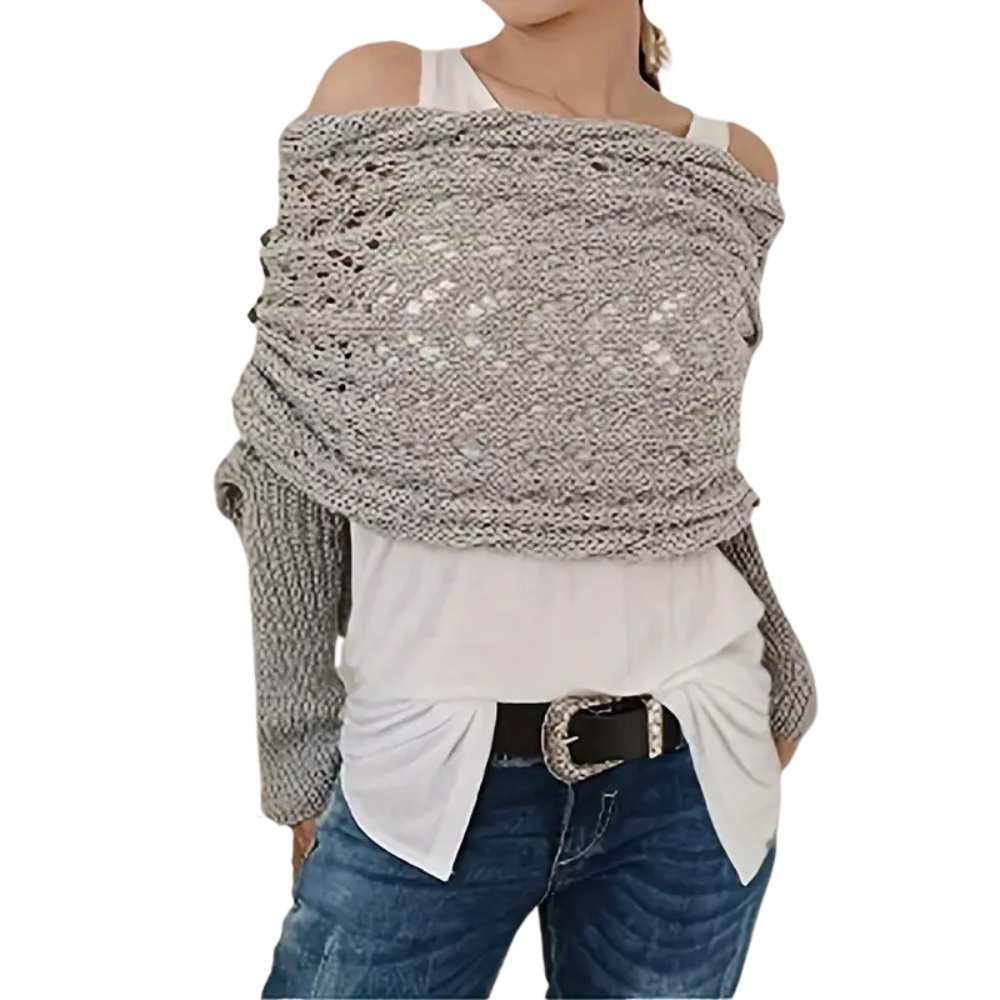 Casaco de tricô leve bege da Basico com ombros descobertos, ideal para looks confortáveis e estilosos em dias frios.