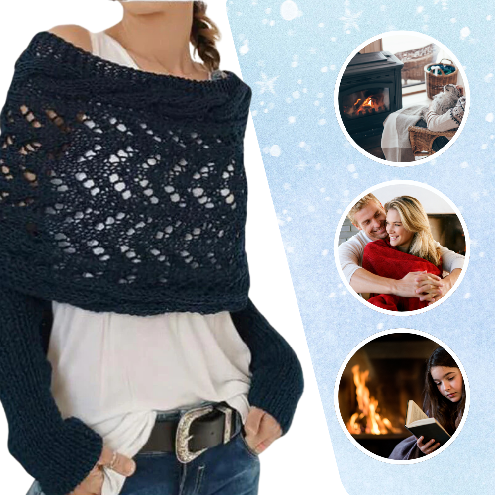 Xale de tricô leve e aconchegante da Basico com ombros descobertos, ideal para conforto e estilo casual.