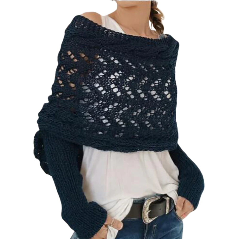 Gola de tricô azul marinho com ombros descobertos, peça confortável da marca Basico, ideal para looks casuais e elegantes.
