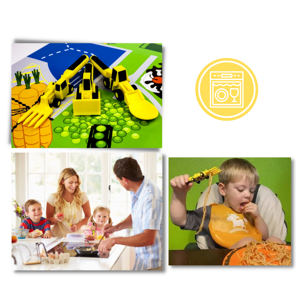 Conjunto de pratos e talheres da marca Constructive Eating, utensílios de cozinha criativos e práticos para alimentação.