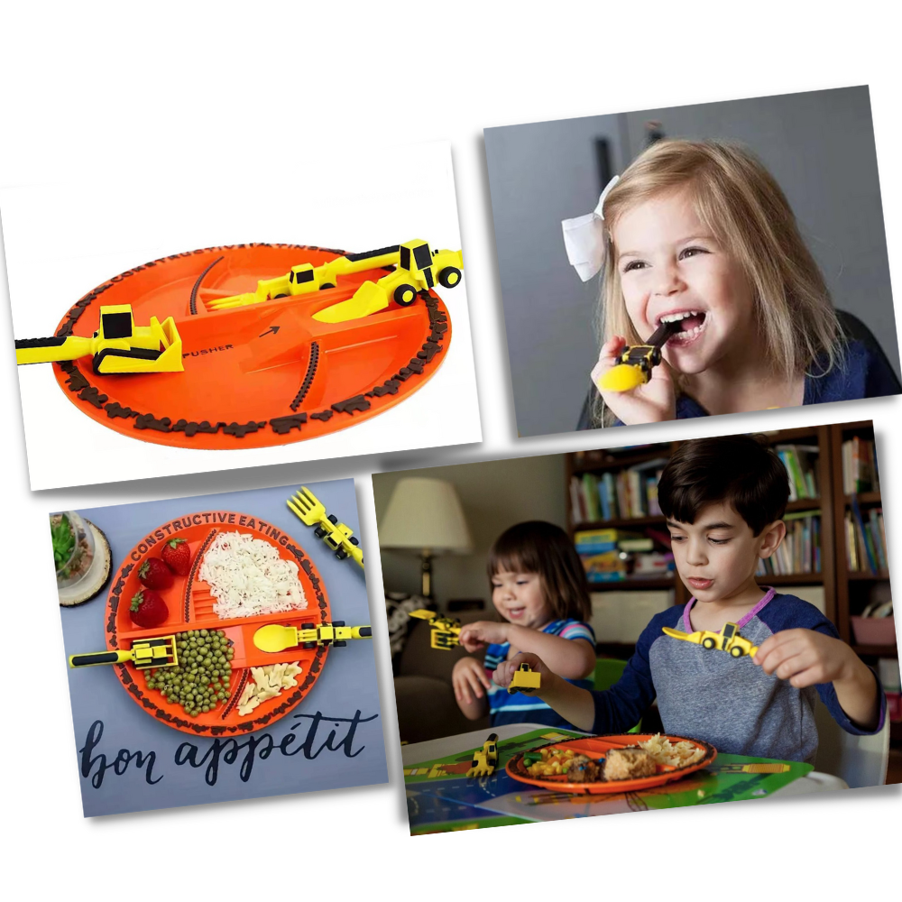 Conjunto de pratos e utensílios de cozinha da Constructive Eating, ideal para refeições criativas e estimular a imaginação infantil.